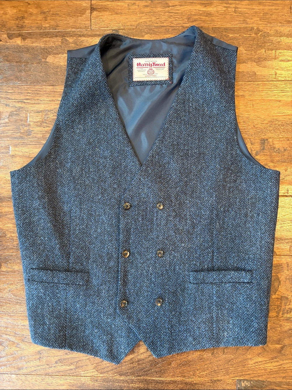 Harris Tweed Double-Breasted Wool Vest - Blue Herringbone